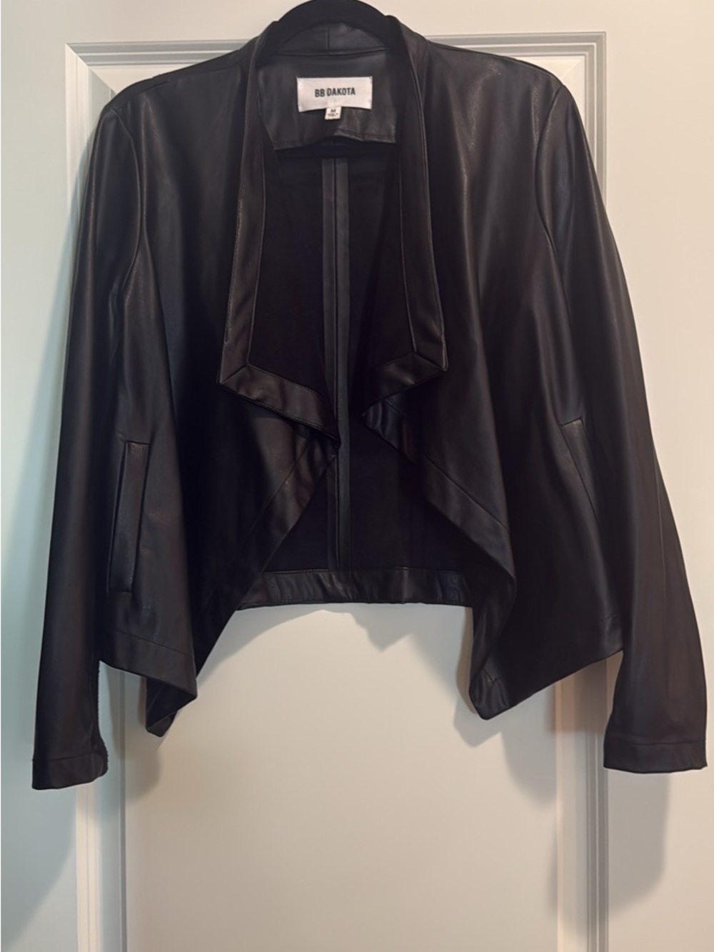 BB Dakota Black Faux Leather Draped Open-Front Jacket